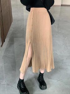 Jupes mode automne hiver coréen tricoté femmes taille élastique fendue a-ligne femme élégante longue
