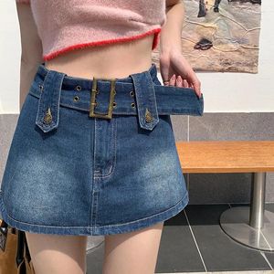 Rokken mode riem mini denim rok met ingebouwde shorts sexy zomer jeans meisjes college stijl slanke korte saia s-xl