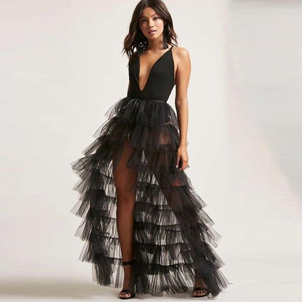 Jupes mode noir à plusieurs niveaux Tulle jupe Tutu longue pure femmes surjupe taille haute à volants maille Maxi superposition détachable