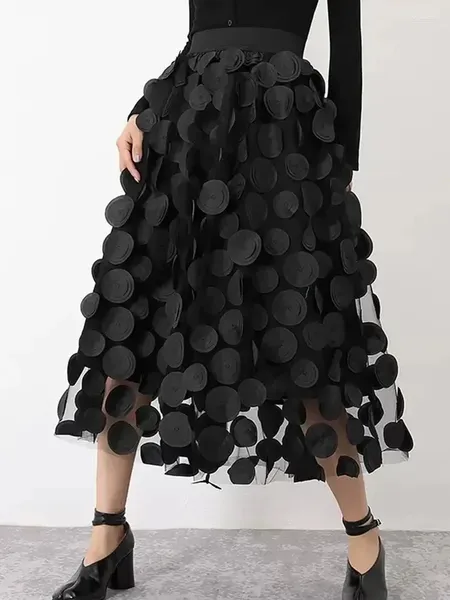 Faldas Diseño de moda Falda larga de tul negro para mujer Primavera Verano Elegante Vintage Coreano Una línea Cintura alta Midi Mujer P502