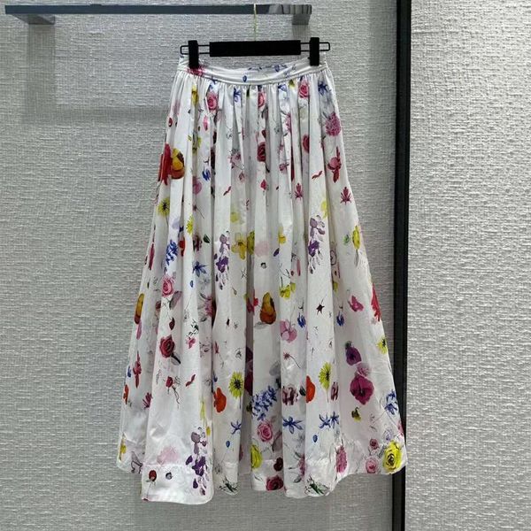 Faldas Diseño de moda Mezclas de seda de algodón Maxi Largo para mujer Cintura alta Cremallera Fondo grande Estampado floral Boho Falda dulce