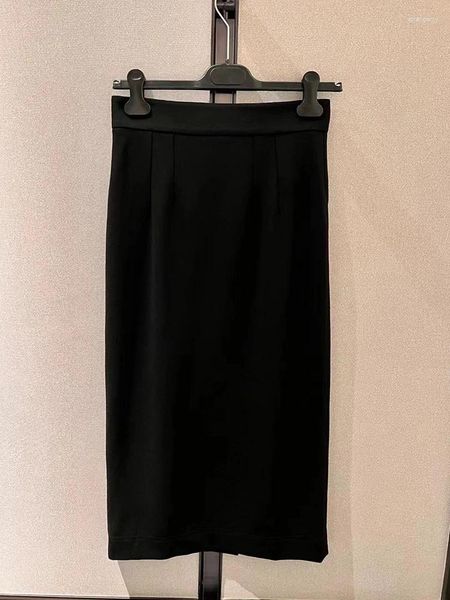 Faldas de punto de algodón puro para mujer, falda elegante a la moda, adorno de Metal de alta calidad, color negro liso, con cremallera trasera, media pantorrilla, 2024