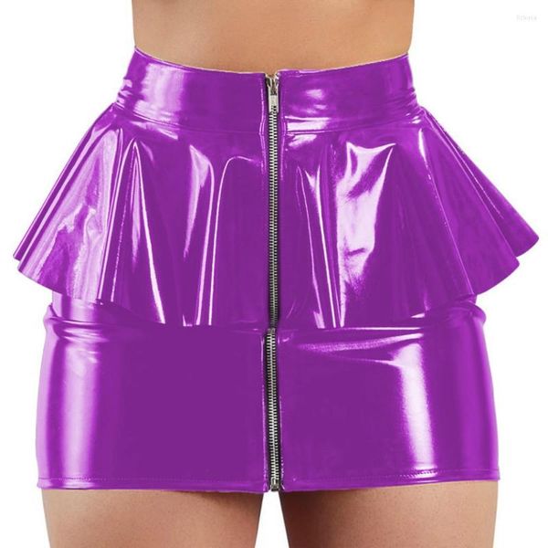 Jupes Mode Faux Latex Cuir Coréen Mini Casual Moulante Slim Front Zip Jupe Bureau Taille Haute Stretch PVC Personnalisé 7XL