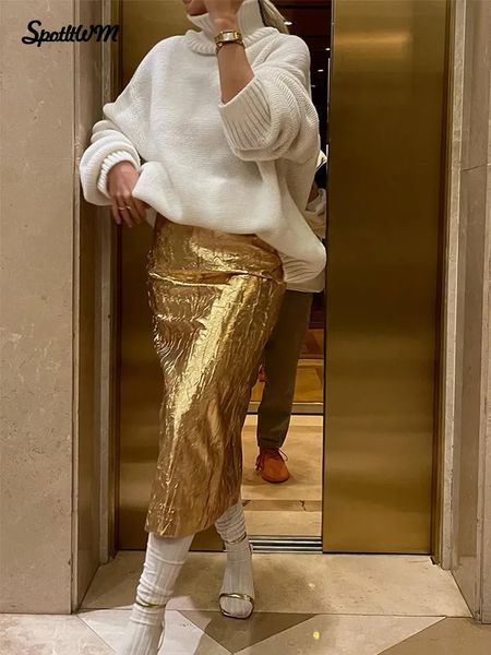 Jupes mode doré métallisé brillant Maxi jupe femmes Vintage une ligne Wrap Midi femme rue Club bas vêtements 231219