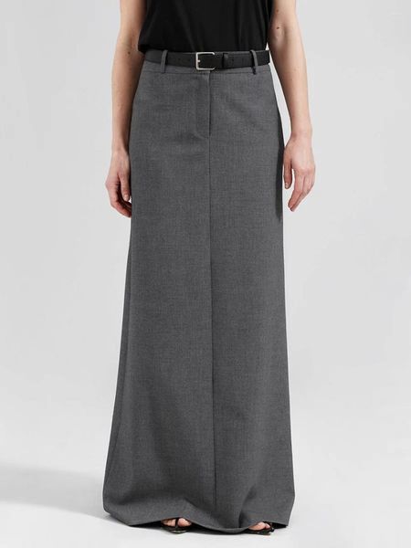 Faldas Moda Cintura alta Falda larga gris para mujer Drape All-Match Elegante hendidura hasta el suelo Oficina Damas con clase Negro