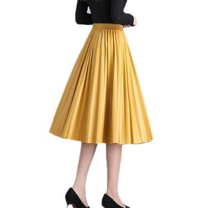 Rokken Mode Hoge Taille geplooid PU Faux Leren Rok Dames Herfst Winter Elegante Midi Lange Vrouw Geel Groen