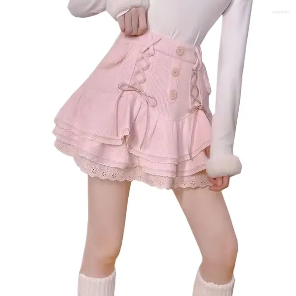 Faldas moda japonesa kawaii mini pastel falda mujeres casual vendaje lolita sexy cintura alta encaje y2k estética dulce gótico faldas