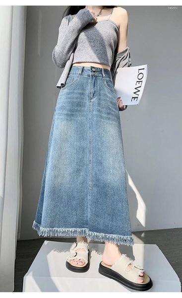 Faldas de moda jean falda dividida cintura alta borla de verano color luz ropa para mujeres de estilo coreano