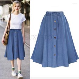 Gonne Moda Stile Preppy Coreano Imitazione Denim Donna Gonna Lunga Solida Natura Vita Femminile Orlo Grande Bottone Casual Jean