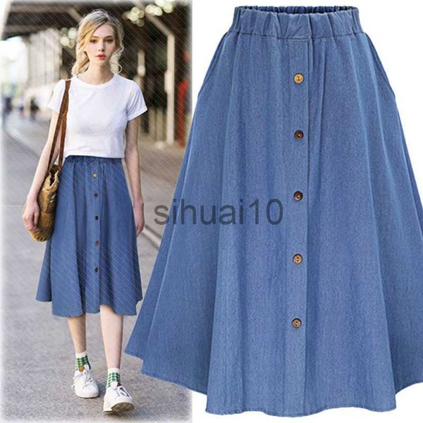 Jupes Mode Coréenne Preppy Style Imitation Denim Jupes Femmes Solide Jupe Longue Nature Taille Femme Grand Ourlet Bouton Décontracté Jean Jupe J230621