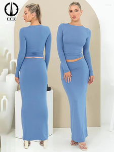 Rokken Mode Luxe Tweedelige Set Vrouwen Lange Mouw Crop Top Casual Skinny Hoge Taille Midi Rok Blauw Coquette Partywear Y2k