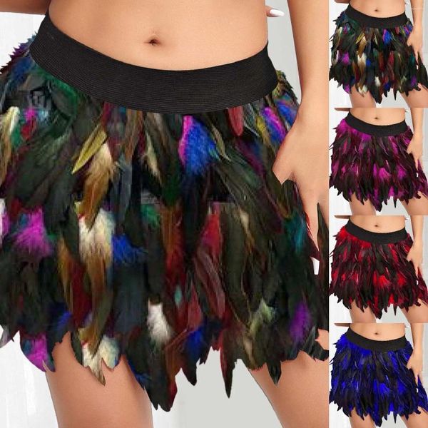 Faldas de moda de lujo de retazos de plumas falda Irregular de mujer delgada de cintura alta femenina 2024 Fiesta Rave de Primavera Faldas