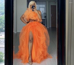 Rokken mode oranje tulle dames 2023 baljurk split tutu vloer lengte casual femme jupes elastische taille