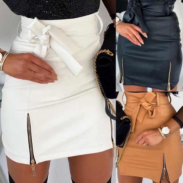 Jupes Fashion Pu Leather Jupe Vintage Femmes 2023 Sexy High Waist Bodycon Zipper Belt Mini Bureau crayon