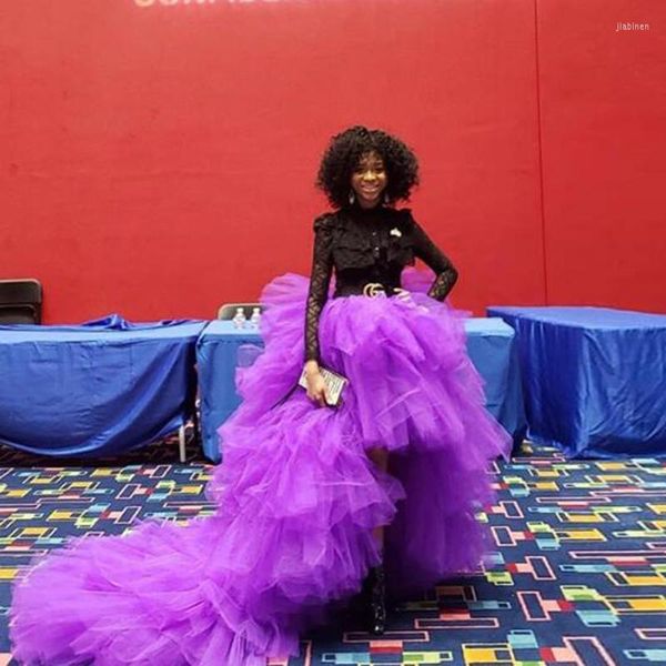 Jupes mode violet haut bas Long Train Tulle femmes volants à plusieurs niveaux femme formelle Tutu jupe 2023 pour la fête de mariée