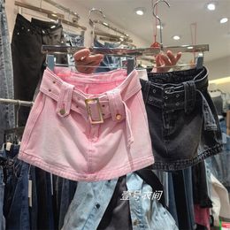 Rokken Mode sexy denim minirok vrouwen meisje een lijn hakama tas hip Y2K gothic roze 230417