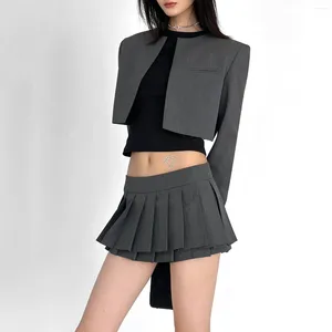 Faldas Moda Sexy Doble Falda Plisada Cintura Baja Chica Viento Y2k Gris Una Palabra Super Corto 2023 Verano