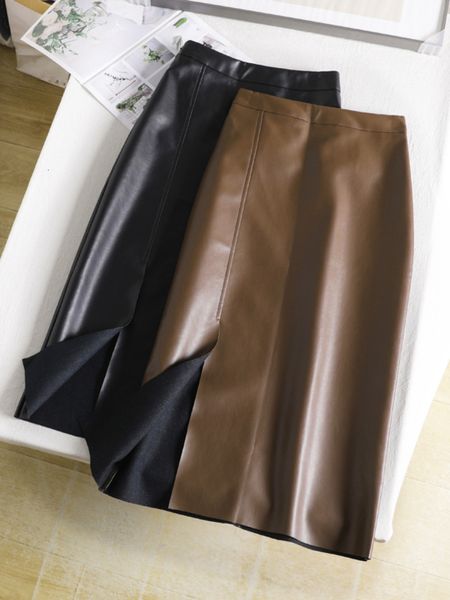 Jupes Fashion Side Splip Faux Cuir Long Crayon Skirts Coffee Black Pu Leather ved jupe tube 230322