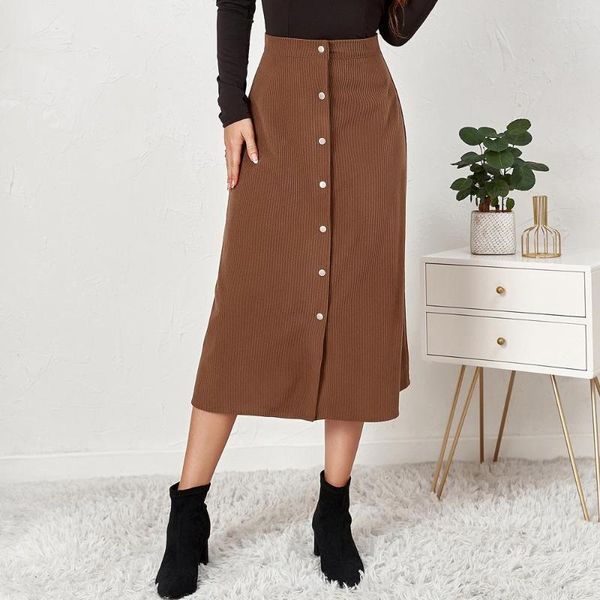 Faldas de moda de un solo pecho Midi para mujer elegante botón sólido Otoño Invierno falda Oficina señoras ceñido al cuerpo suelto femenino