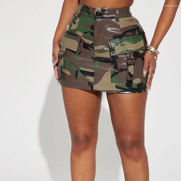 Jupes Mode Slim Taille Zip Poches PU Cuir Moyen Stretch Camouflage Mini Marée D'été