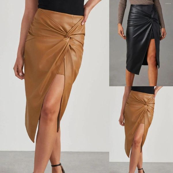 Faldas Fashion Slit Longitud media de longitud irregular Sexy Tie Hip Hip Leather para mujeres en otoño e negocios de invierno