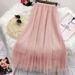 Jupes Couleur solide de la mode Broidered Flares Decoration Gauze Pliped Jirt Slim High Waited All-Match Lady Casual Z687