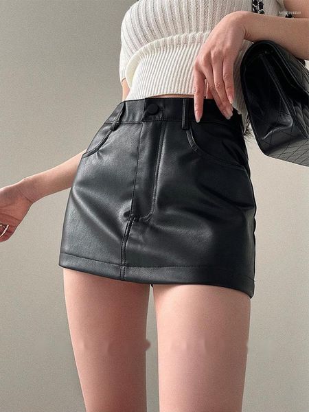 Faldas Moda Spicy Girl Sexy Cintura alta Slim A-LINE PU Falda de cuero Short Skorts Negro Mujeres coreanas M130