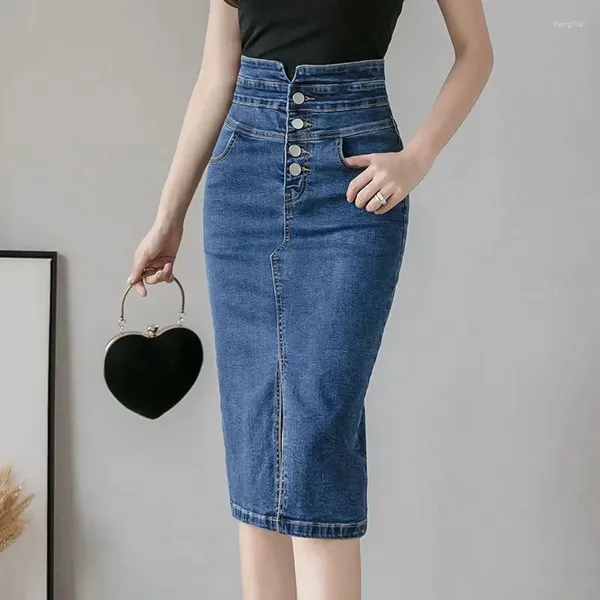 Jupes Mode Split Denim Jupe Femme 2024 Été Style Coréen Taille Haute Bouton Bleu Midi Femmes Élégant Bureau A-ligne