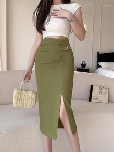 Rokken Mode Trend Kantoor Hoge Taille Heup Rok Zomer Dames Zwart Groen Rits Midi Split Geplooid Half Streetwear Elegant