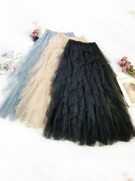 Jupes Mode Tutu Tulle jupe femmes longue Maxi jupe printemps été coréen noir rose taille haute jupe plissée femme 230209