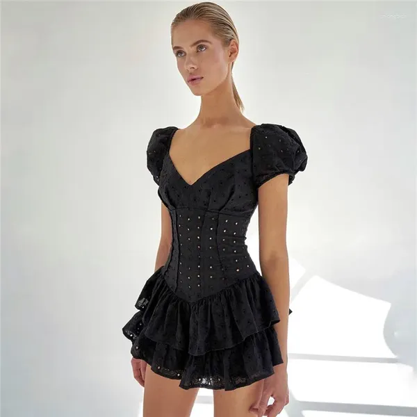 Jupes Mode V Cou Volants Robe Plissée Femmes Manches Bouffantes Chic Noir Fête D'été Évider Vintage Corset Dames