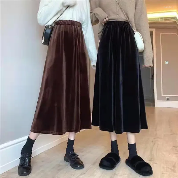 Jupes Mode Velours Midi Jupe Taille Haute A-ligne Plissée Noir Longue Pour Femmes Vintage Casual Streetwear Été