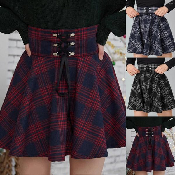 Jupes Mode Vintage Femmes Ecosse Plaid Bandage Taille Haute Grand Swing Coton Tartan Jupe Sexy Plissée