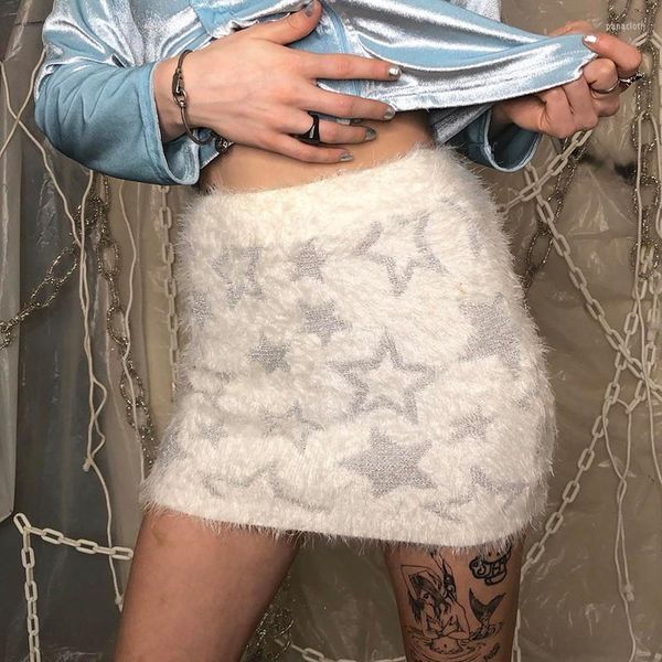 Jupes mode blanc peluche étoile laine tissé Sexy Mini jupe fille 2023 printemps automne Vintage Chic doux tricoté crayon