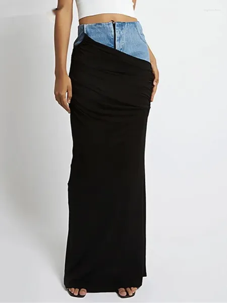 Faldas moda Wome cintura alta Deconstruct Patchwork paneles asimetría Denim bolsillos plisados Falda larga 2023 C357