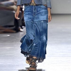 Jupes mode femmes Denim jupe taille haute irrégulière épissé bleu Maxi jean femme rue été 2023