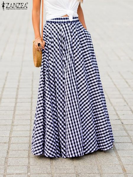 Faldas Moda Mujer Asimétrica ZANZEA Verano Plaid Maxi Largo Casual Cintura Elástica De Gran Tamaño Vintage A-Line 7 221115