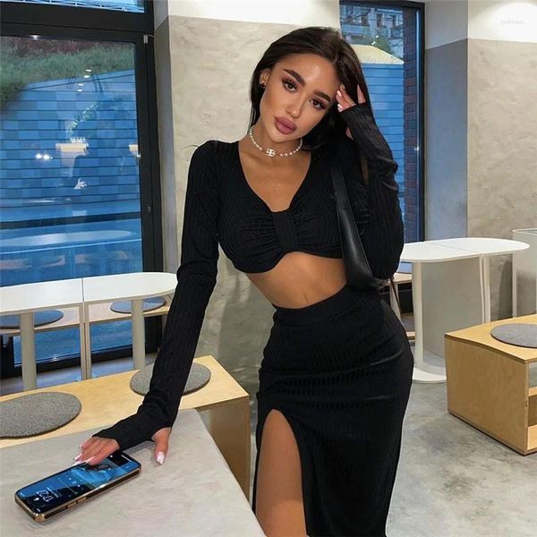 Jupes mode femmes élégant solide noir deux pièces ensembles manches longues haut court taille haute fente latérale correspondant Streetwear