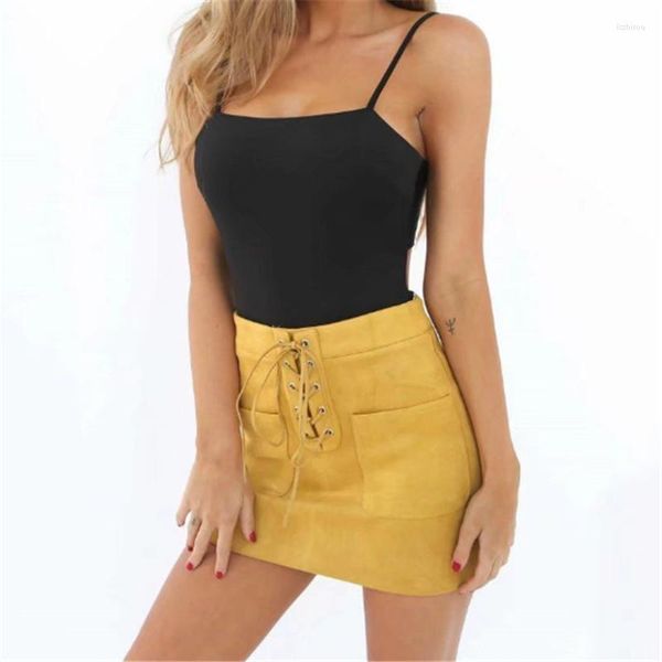 Faldas Moda Mujer Chica Sexy Cintura alta Vendaje Bodycon Cuero de gamuza Corto Mini Mujer Retro Slim Lápiz Falda Rosa Amarillo