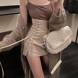 Faldas Moda Mujer Damas Primavera Otoño Color Sólido Sexy Clubwear Mini Cintura Alta Con Cordones Lápiz Cruzado Para 230327
