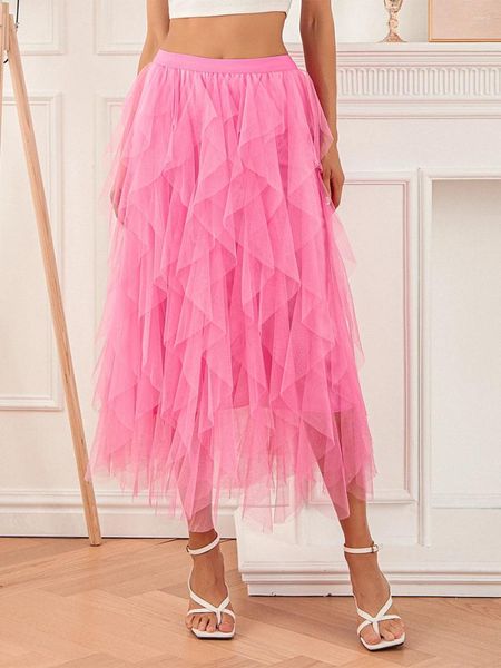 Jupes Fashion Femmes Long jupe élégante haute taille en tulle solide irrégulier Summer pour la fête S-xl, avec la peau,