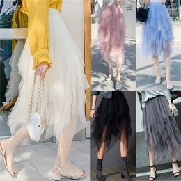 Jupes Mode Femmes Mesh Sheer Tulle Asymétrique Ourlet Jupe 2022 OL School Girls Élastique Taille Haute Couches Plissée Longue Maxi