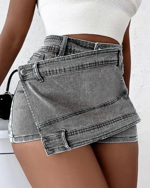 Jupes Mode Femmes Denim Jupe Taille Haute Chaîne Irrégulière Épissée Gris Au-dessus Du Genou Femelle Marée Été 2024