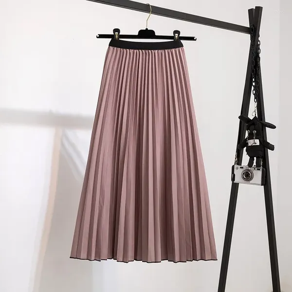 Jupes mode femmes taille élastique plissée solide café impression mi-longueur a-ligne