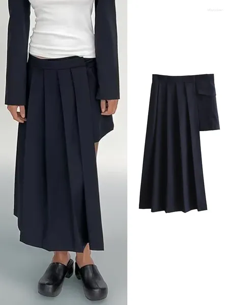 Jupes mode femmes solide asymétrique 2023 Vintage femme casual taille haute Chic plis avant fendu Midi plissé