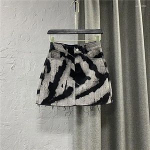 Rokken Mode Dames Denim Rok Hoge Taille Tie-geverfd Gedrukt Burr Boven Knie Streetwear Lente Trendy