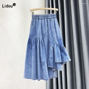 Rokken Modieuze Vrouwen Onregelmatige Ruches Gesplitste Denim Rok Koreaanse A-lijn All-Match Elastische Hoge Taille Zomer Vrouwelijke Kleding