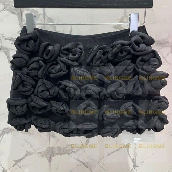 Jupes noires faites à la main pour femmes, sac de hanche, taille haute, fleurs, Y2K, mode Sexy, vêtements en laine de soie, début du printemps