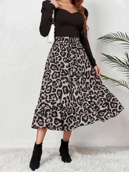 Faldas falda femenina leopardo mujeres vintage bohemia fiesta largo casual elástico cintura alta volante maxi vestido de verano para