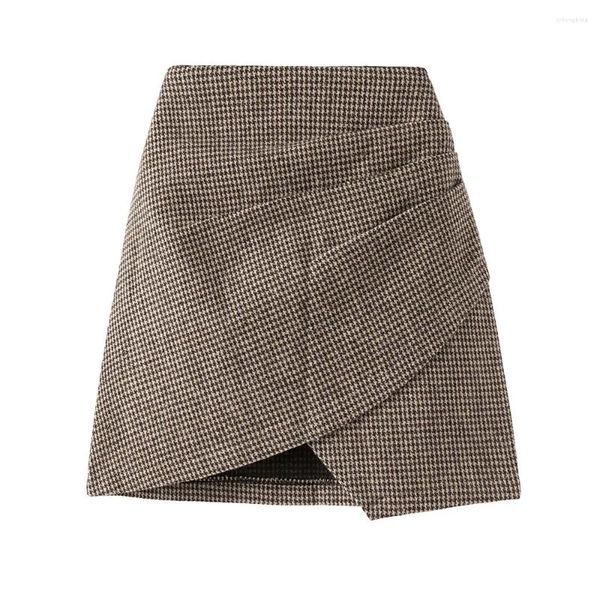 Faldas Femme Winter Woolen Houndstooth Falda de cadera para mujeres 2024 Autumn y cintura alta delgada A- Línea Irregular Mini